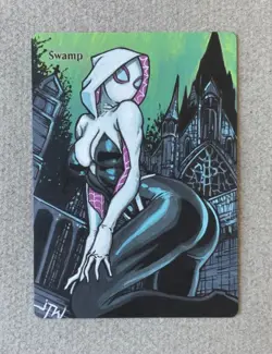 Magic MTG Altered Painted Swamp Spider Gwen Anime Girl by white_alters - Image 1