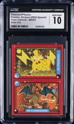 2022 POKEMON POKEDEX STICKERS SPANISH #06/25 CHARIZARD/PIKACHU CGC 10 GEM MINT - Image 1