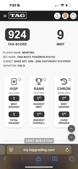 Mewtwo #10 Holo 4th Print 1999-2000 Base Set Pokemon Card TAG 9 MINT 924 Pop 1 - Image 3