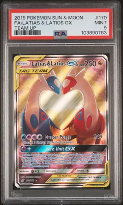 2019 POKEMON SUN & MOON TEAM UP #170 FULL ART/LATIAS & LATIOS GX PSA 9 - Image 1