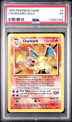 1999 POKEMON BASE SET UNLIMITED #4 CHARIZARD-HOLO PSA 1 - Image 1