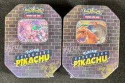 POKEMON 2017 DETECTIVE PIKACHU Tins BOTH CHARIZARD GX TIN & MEWTWO GX TIN NICE! - Image 1