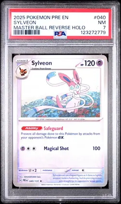 2025 POKEMON PRE EN-PRISMATIC EVOLUTIONS MASTER BALL REVERSE HOLO SYLVEON PSA 7 - Image 1
