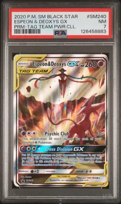 2020 POKEMON SM BLACK STAR PROMO TAG TEAM POWERS COLL ESPEON & DEOXYS GX PSA 7 - Image 1