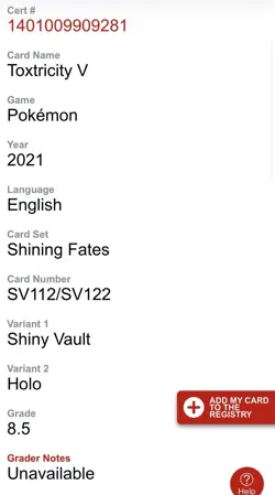Toxtricity V Shiny SV112/SV122 CGC 8.5 NM/MINT+ 2021 Pokemon Shining Fates - Image 3