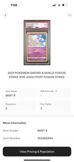 PSA 9 MINT 2021 POKEMON SWORD & SHIELD FUSION STRIKE #110 JIGGLYPUFF - Image 3