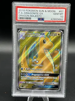 2018 POKEMON SUN & MOON #67 FULL ART DRAGONITE GX GEM MT PSA 10 DRAGON MAJESTY - Image 1