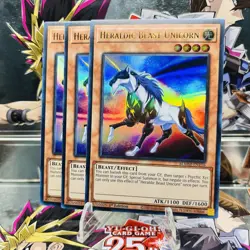 3x Yugioh Playset Heraldic Beast Unicorn BLMM-EN116 Ultra Rare 1st Ed Near Mint - Image 1
