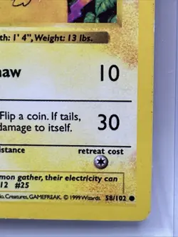 Pikachu Yellow Cheeks Shadowless Pokemon Base Set #58 1999 58/102 Card - Image 4