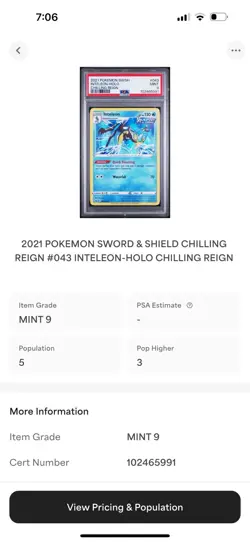 PSA 9 2021 POKEMON SWORD & SHIELD CHILLING REIGN #043 INTELEON-HOLO - Image 3