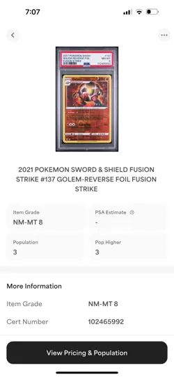 PSA 8 2021 POKEMON SWORD & SHIELD FUSION STRIKE #137 GOLEM-REVERSE FOIL - Image 3