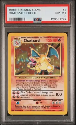 1999 Base Set Unlimited Charizard Holo Pokemon TCG PSA 8 NM/Mint Card 4/102 - Image 1