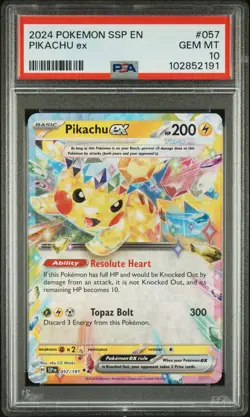 2024 POKEMON SSP EN-SURGING SPARKS #057 PIKACHU EX PSA 10 - Image 1