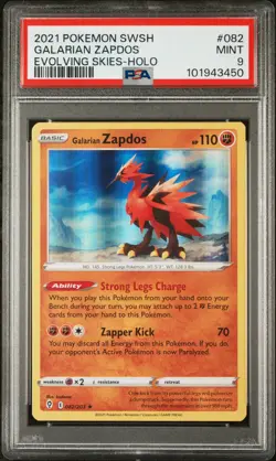 2021 POKEMON SWORD & SHIELD EVOLVING SKIES #082 GALARIAN ZAPDOS-HOLO PSA 9 - Image 1