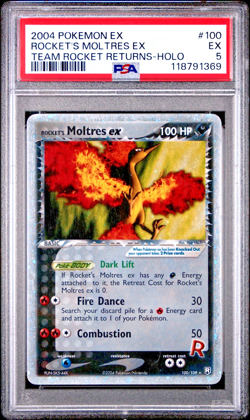 PSA 5 2004 Pokemon EX Team Rocket Returns Rocket's Moltres EX Holo Foil 100/109 - Image 1