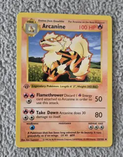 Pokemon 1999 1st Edition Arcanine Base Set Shadowless #23/102 Very High Grade - Image 1