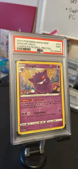 Pokemon Gengar SWSH052 Promo Champions Path Holo Pin PSA 9 HD SWIRL - Image 1