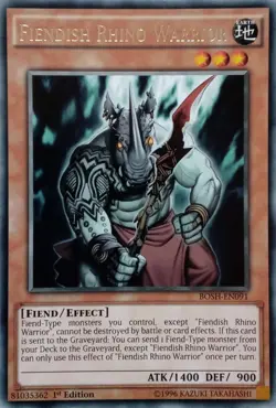 BOSH-EN091 FIENDISH RHINO WARRIOR RARE 1ST EDITION YuGiOh CARD - Image 1
