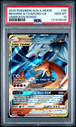 2019 POKEMON SUN & MOON UNBROKEN BONDS #20 RESHIRAM & CHARIZARD GX PSA 10 - Image 1
