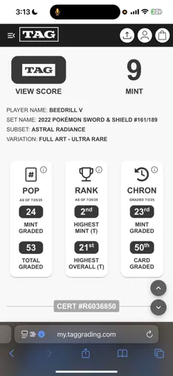 Beedrill V 161 - Pokemon Astral Radiance TAG Mint 9 #2 Highest - Image 3