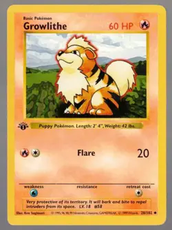 Growlithe Pokemon 1st Edition Base Set 28/102 LP Shadowless Non-Holo Uncommon - Image 1