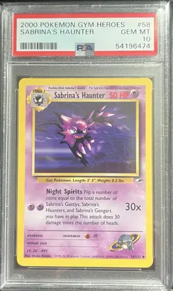 Pokemon TCG 2000 Gym Heroes Sabrina’s Haunter #58/132 PSA 10 - Image 1