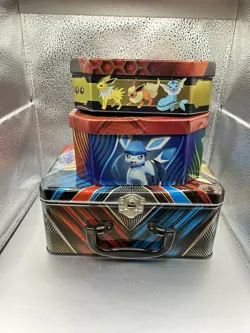 Three Pokemon Tins With Pokemon Cards+. Few Dents. Good Condition. - Image 1