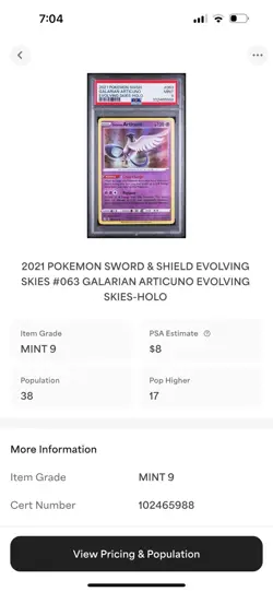 PSA 9 2021 POKEMON SWORD & SHIELD EVOLVING SKIES #063 GALARIAN ARTICUNO - Image 3