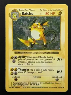 Raichu 14/102 Base Set (Shadowless) Holo Rare Pokemon TCG - HP - Image 1