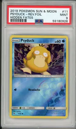 2019 Pokemon Sun & Moon Hidden Fates Psyduck Reverse Foil Holo #11 PSA 9 - Image 1