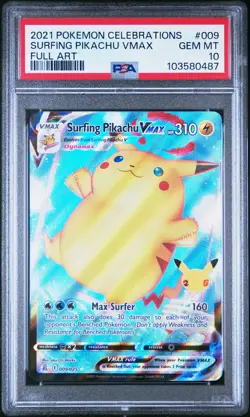 2021 POKEMON CELEBRATIONS #009 FULL ART/SURFING PIKACHU VMAX PSA 10 - Image 1
