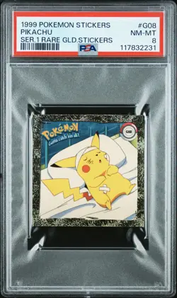 1999 POKEMON STICKERS SER 1 RARE GOLD STICKERS #G08 PIKACHU PSA 8 - Image 1
