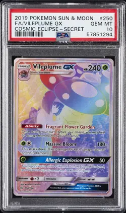 2019 POKEMON SUN & MOON COSMIC ECLIPSE SECRET #250 FULL ART/VILEPLUME GX PSA 10 - Image 1