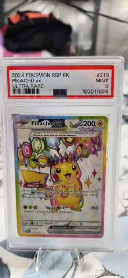 2024 Pokemon SSP EN Surging Sparks Pikachu ex Ultra Rare #219/191 PSA 9 Mint - Image 1
