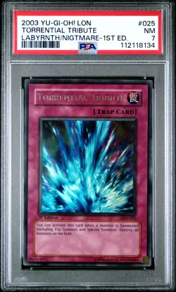 2003 YU-GI-OH! LON-LABYRINTH OF NIGHTMARE 1ST ED #025 TORRENTIAL TRIBUTE PSA 7 - Image 1