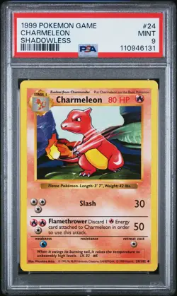 1999 POKEMON BASE SET SHADOWLESS #24 CHARMELEON PSA 9 - Image 1