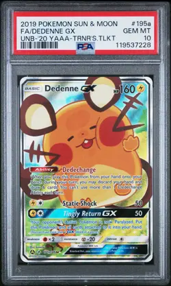 2019 POKEMON SUN & MOON UNBROKEN BONDS #195A FULL ART/DEDENNE GX PSA 10 - Image 1