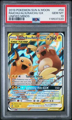 2019 POKEMON SUN & MOON UNIFIED MINDS #54 RAICHU & ALOLAN RAICHU GX PSA 10 - Image 1