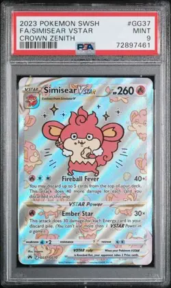 2023 Pokemon TCG Crown Zenith - Simisear VSTAR GG37 Full Art (PSA 9) - Image 1