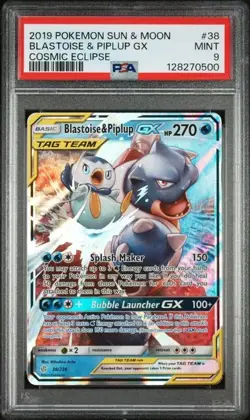 2019 Pokemon Sun & Moon Blastoise & Piplup GX PSA 9 Mint Cosmic Eclipse #38 - Image 1