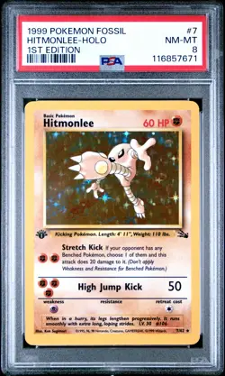 1999 POKEMON FOSSIL 1ST EDITION #7 HITMONLEE-HOLO PSA 8 - Image 1