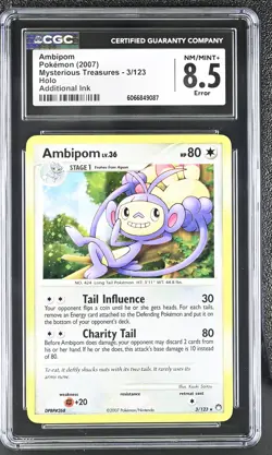 CGC 8.5 Ambipom 2007 Mysterious Treasures 3/123 Holo Pokemon Card - Image 1