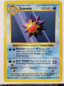 SHADOWLESS Starmie 64/102 LP - 1999 Base Pokemon Card $2 Combined Shipping - Image 1