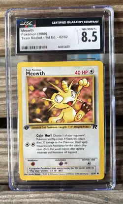 CGC 8.5 Meowth 1st Edition Team Rocket 62/82 Pokemon Near Mint/Mint - Image 1