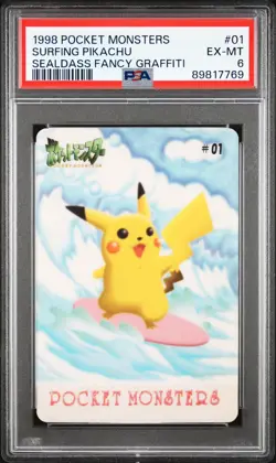 1998 POCKET MONSTERS SEALDASS FANCY GRAFFITI #01 SURFING PIKACHU PSA 6 - Image 1