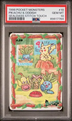 1998 POCKET MONSTERS SEALDASS STITCH TOUCH #10 PIKACHU & ODDISH PSA 10 - Image 1