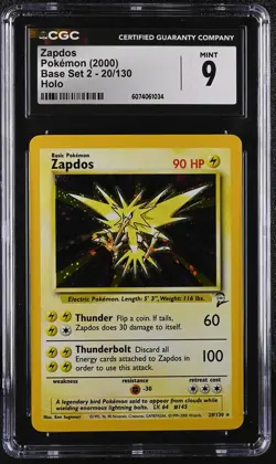 CGC 9 MINT Zapdos 2000 Base Set 2 20/130 Holo Pokemon Card - Image 1