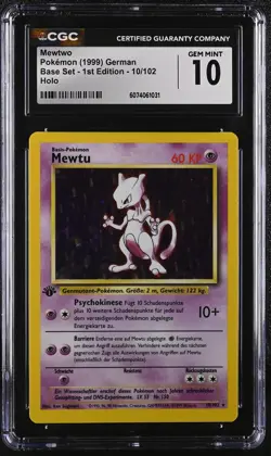 CGC 10 GEM MINT Mewtwo German Base Set 1st Edition 10/102 Holo Pokemon Card - Image 1