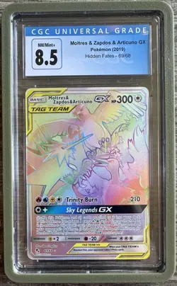2019 Pokemon Sun Moon Moltres Zapdos Articuno GX Rainbow Hidden Fates CGC 8.5 - Image 1