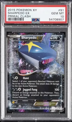 2015 POKEMON XY PRIMAL CLASH #91 SHARPEDO EX PSA 10 - Image 1